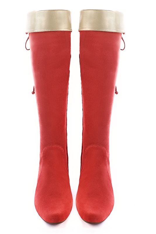Scarlet red and gold women's knee-high boots, with laces at the back. Round toe. Low flare heels. Made to measure. Top view - Florence KOOIJMAN